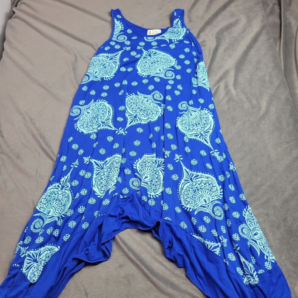 Lolo Tunic Womens Medium Blouse Blue Paisley Sleeveless Stretch Shark Bite Hem